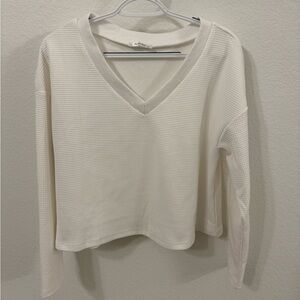 Elegant Cream V-Neck Waffle Knit Long Sleeve Top
